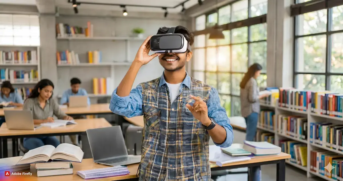 An AI-generated wide shot of a young man smiling while wearing a VR headset in a bright, modern library or educational space, with other students studying at desks in the background.